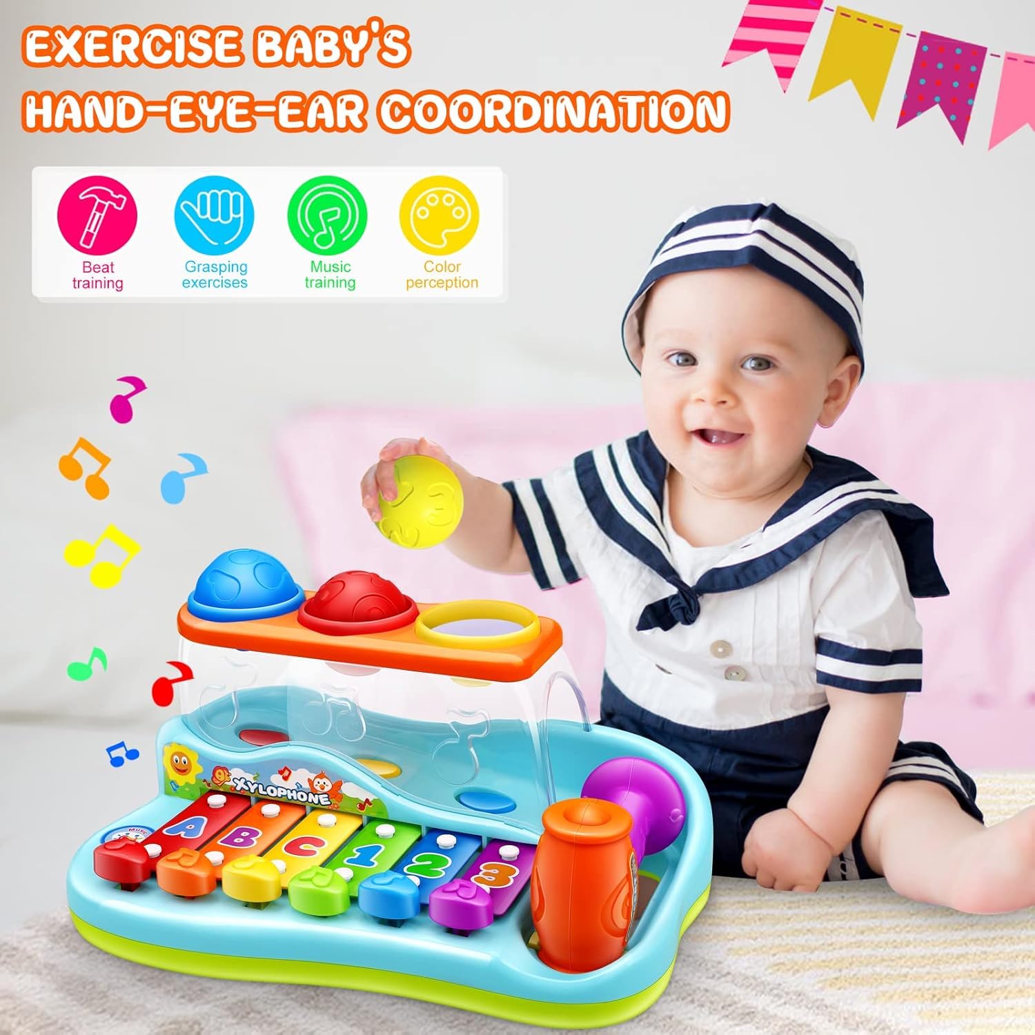 Kaysaitoy baby xylophone toy for 1-year-olds, colorful musical instrument with hammer for early learning and fun.