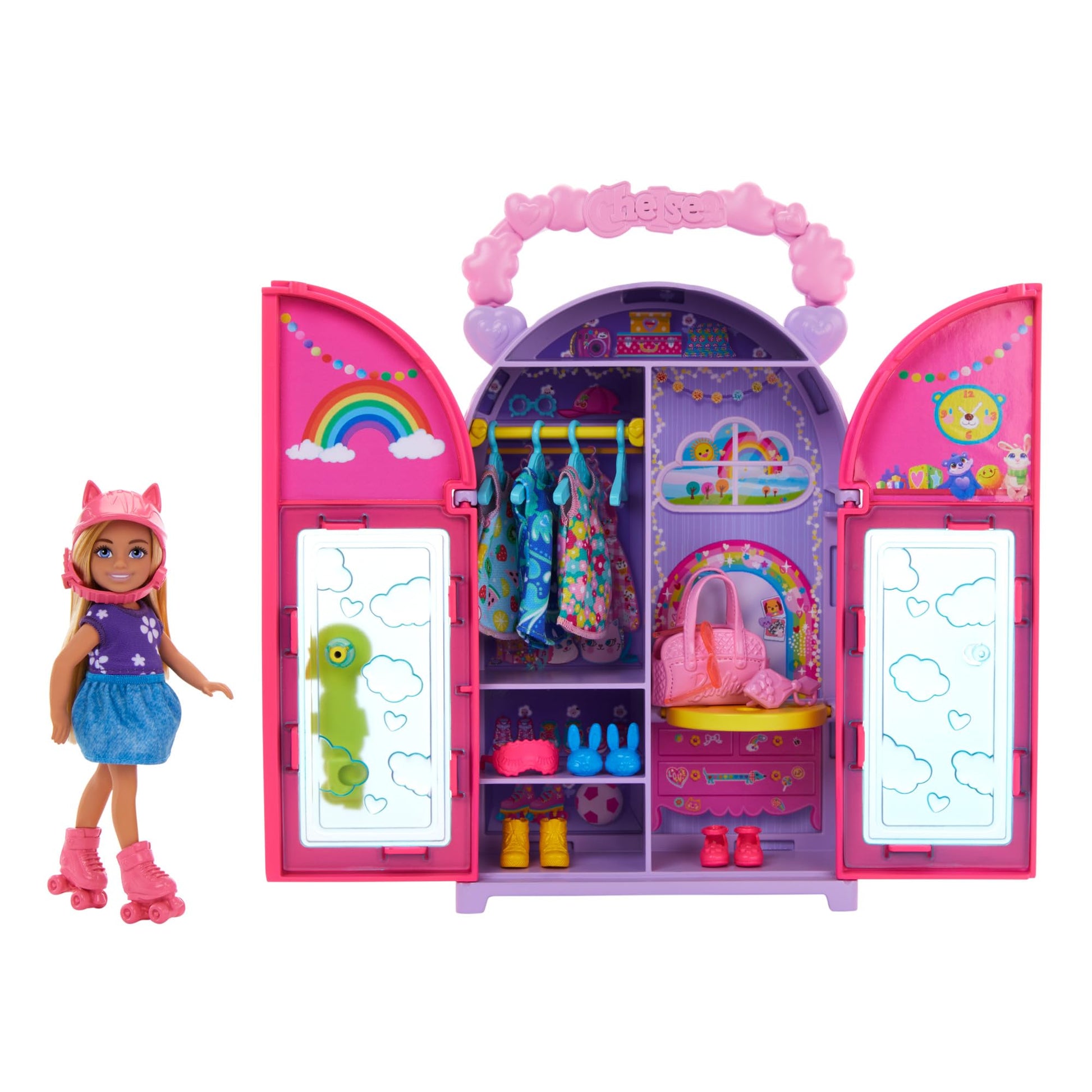 Barbie Chelsea doll playset with foldable closet, 15 clothing pieces and accessories for on-the-go imaginative play.