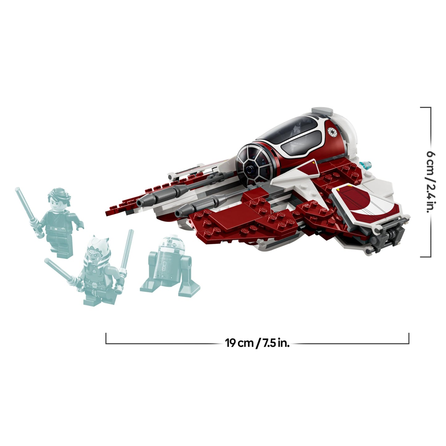LEGO Star Wars Ahsoka's Jedi Interceptor with Anakin Skywalker and R7-A7 droid minifigures, designed for The Clone Wars fans.