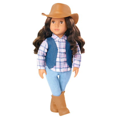 Our Generation Carolyn Cowgirl Doll with tall riding boots, cowboy hat, and lifelike brown eyes in western-themed outfit.