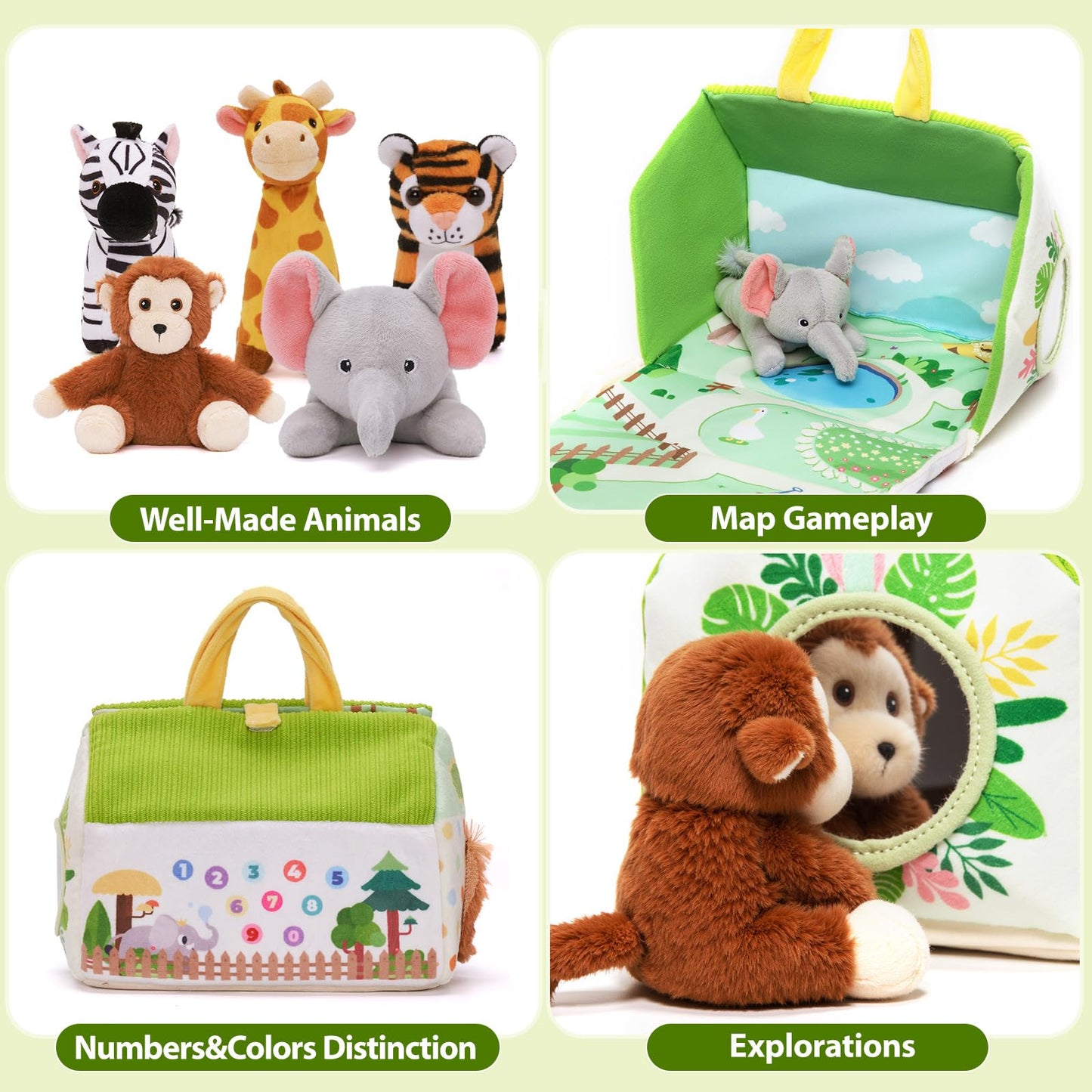 OUOZZZ plush zoo animal toys for babies 6 to 12 months, ideal for tummy play and crawling learning activities.
