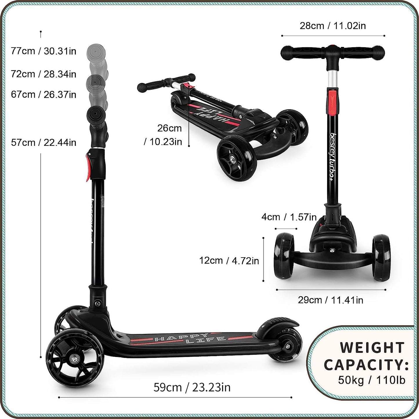 Besrey kids scooter with big wheels, flashing LED lights, adjustable height, and three-wheel design for children ages 3-10.