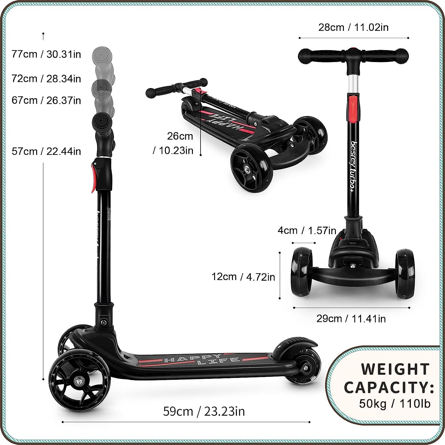 Besrey kids scooter with big wheels, flashing LED lights, adjustable height, and three-wheel design for children ages 3-10.