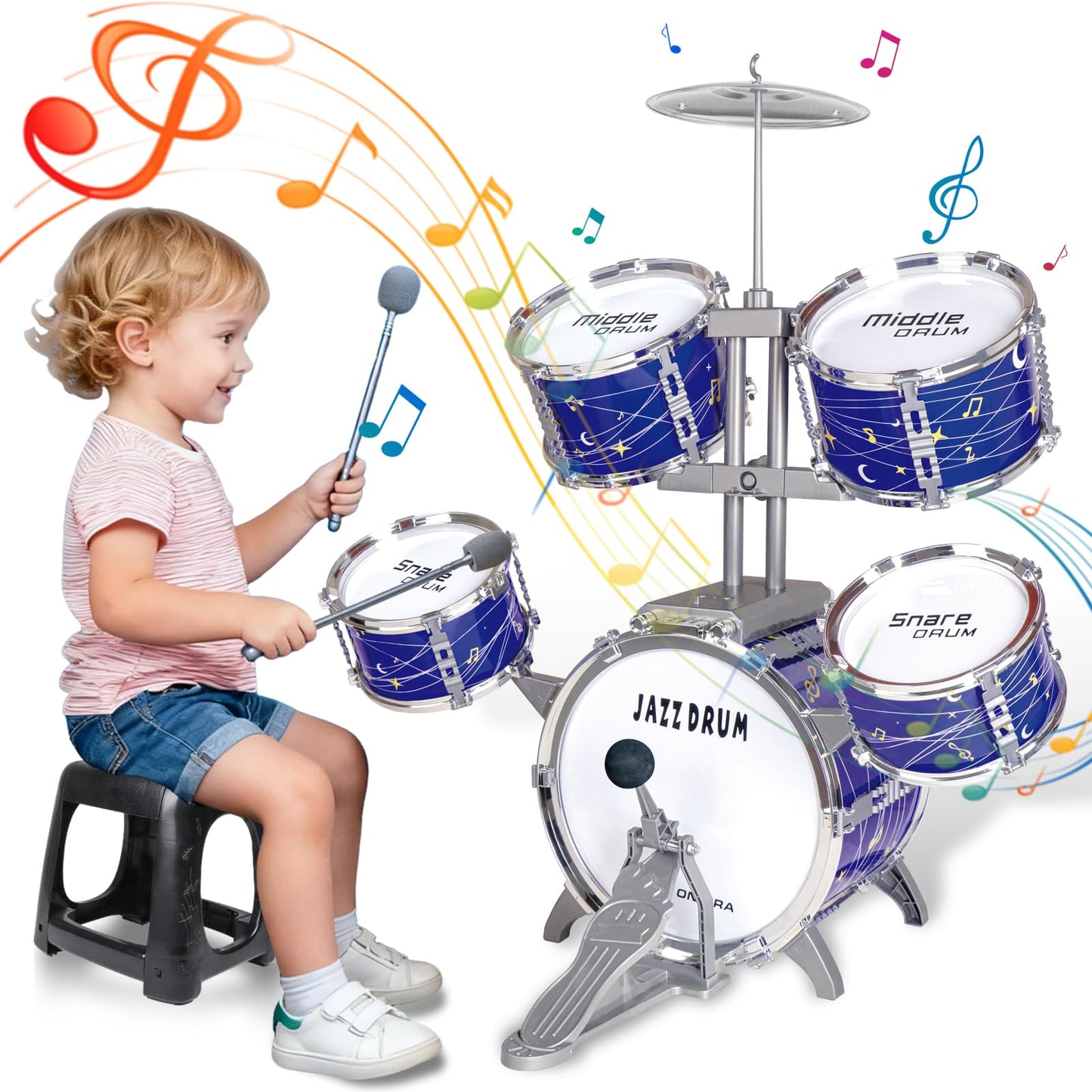 Colorful plastic kids drum kit by Noaideoi for toddlers and preschoolers, includes drum pads, drumsticks, and percussion instruments.