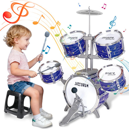 Colorful plastic kids drum kit by Noaideoi for toddlers and preschoolers, includes drum pads, drumsticks, and percussion instruments.