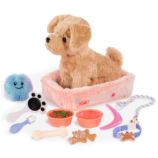 Our Generation Puppy Care & Play Set with dog bed, leash, and pretend food for 18-inch doll pets. Ideal for imaginative play.