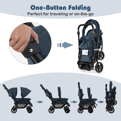 Foldable Twin Stroller, Double Baby Pushchair w/Multi-Level Backrest, Canopy, Handle & Footrest, Safety Belt & Brake System, Travel Tandem Seating Stroller w/Lockable Wheels (Dark Blue)