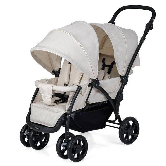 COSTWAY double seat pushchair with beige fabric, foldable twin stroller, adjustable backrest, sunshade, safety belts, and storage basket.