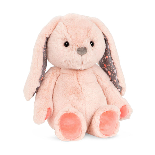 Pink plush bunny toy from B. toys, 12-inch huggable stuffed animal, soft, washable, suitable for newborns and toddlers.