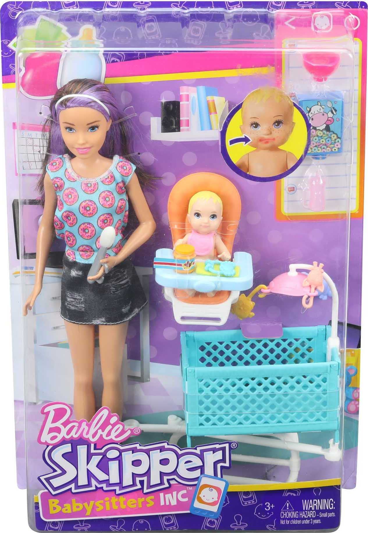 Barbie babysitter doll with brunette hair, baby, highchair playset, and colorful accessories on a white background.