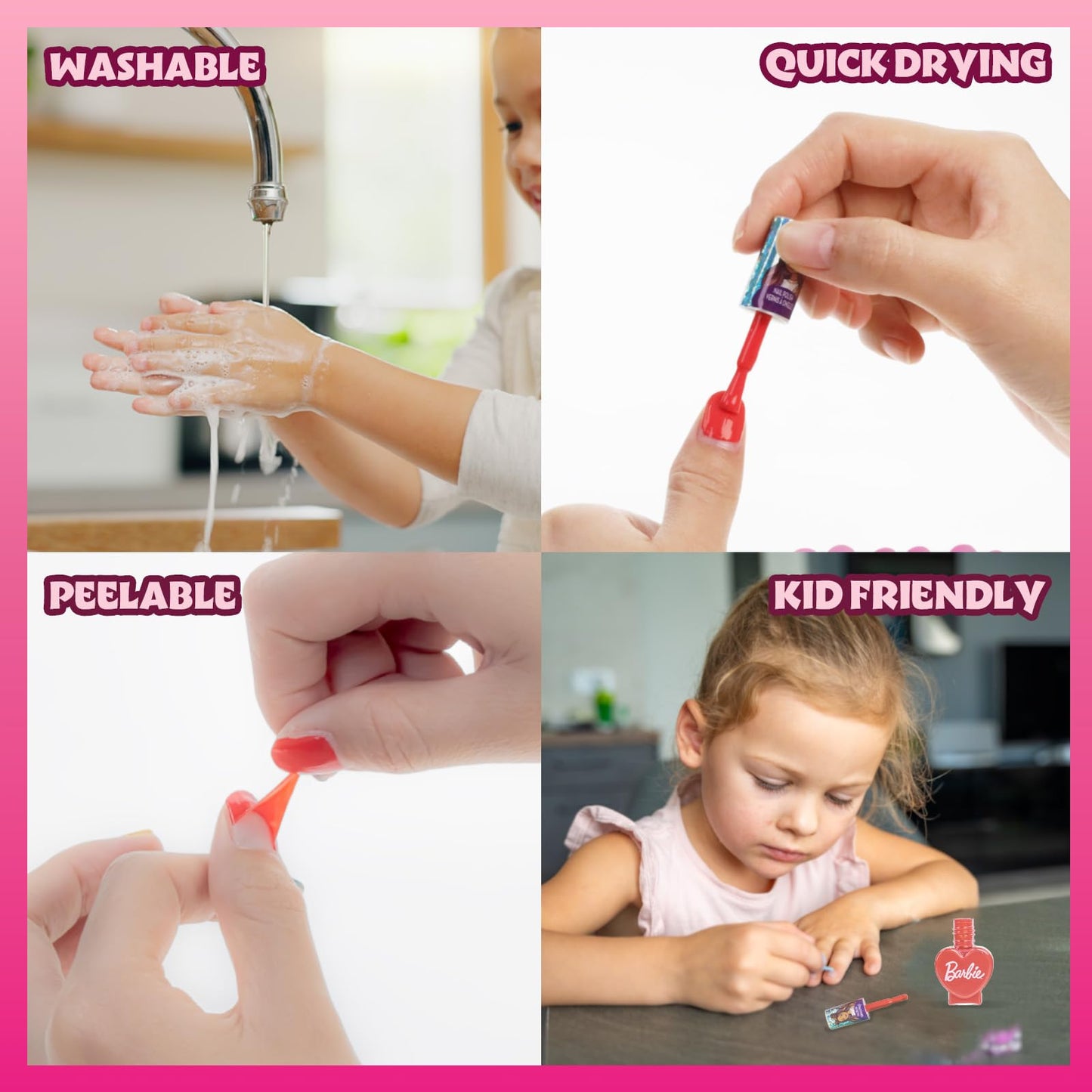 Barbie 18 Piece Set Kids Water Based Nail Polish Makeup Set, Includes 15 Nail Polishes with 2 Toe Spacer and 1 Nail File for Girls Ages 3+ by Townley Girl