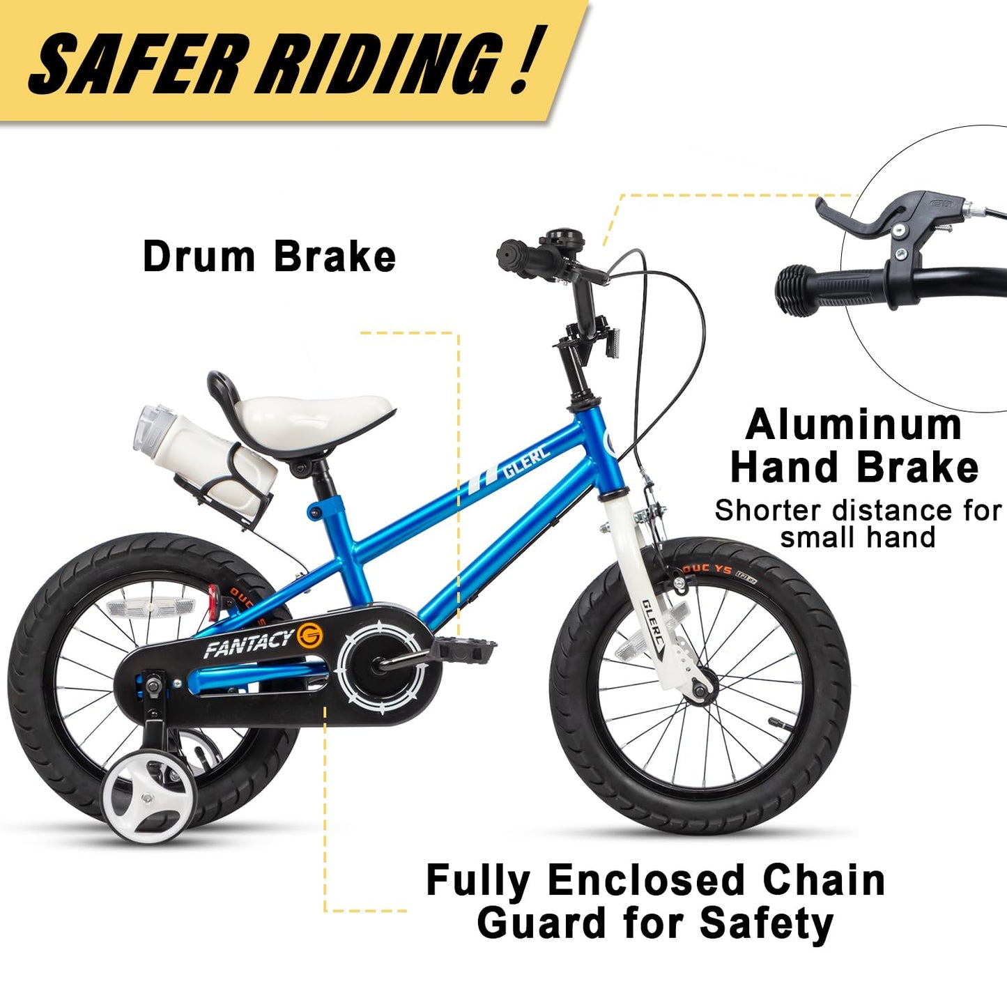 Glerc Fantacy Kids Bike 14 Inch Boys Girls Bicycle for Age 3 4 5 6 Year Old with Stabilisers & Bottle Cage for Birthday Gift， Blue