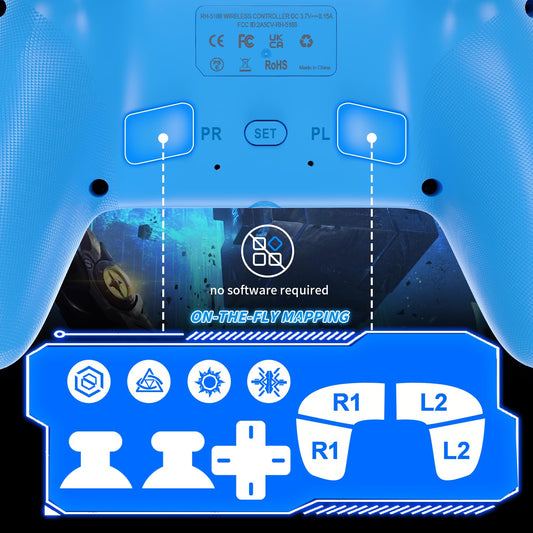 Gamrombo RGB wireless PS5 and PC game controller with back buttons, touchpad, turbo, dual vibration, 6-axis sensor, and 3.5mm audio jack.