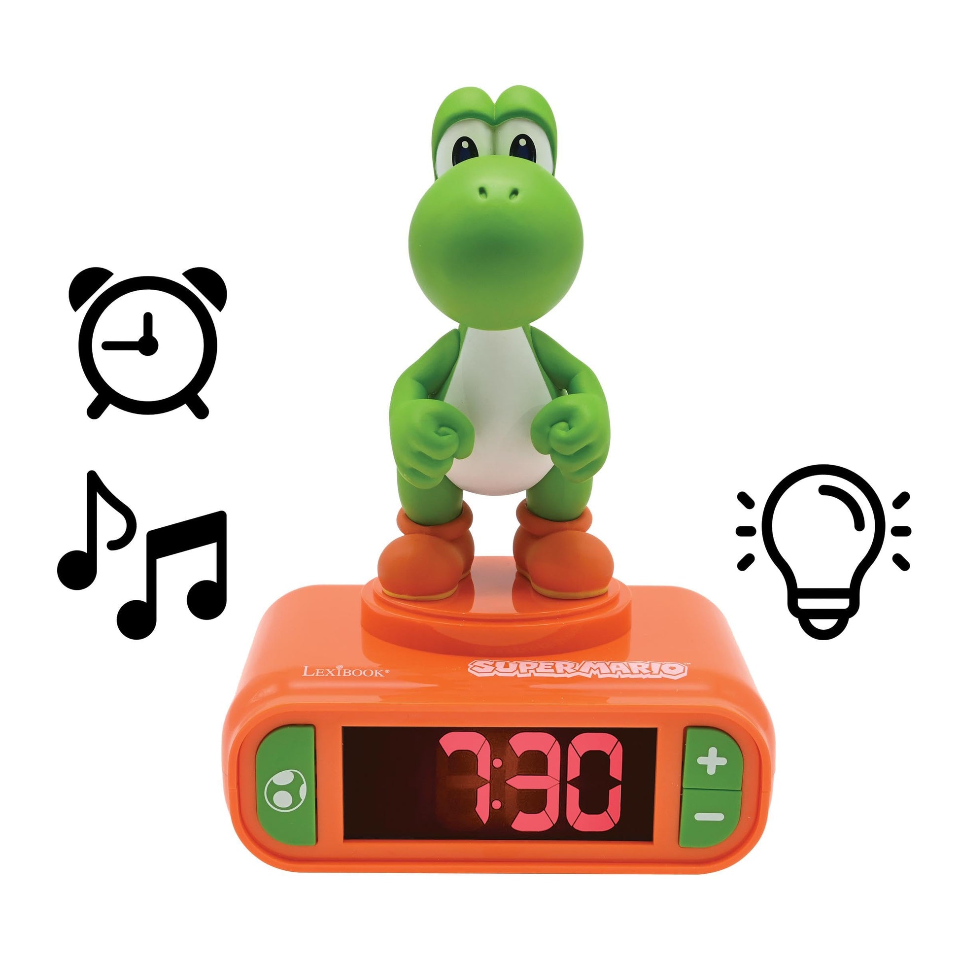 LEXIBOOK Super Mario Yoshi nightlight alarm clock with LCD backlit screen, luminous display, snooze, orange color, sounds and melodies