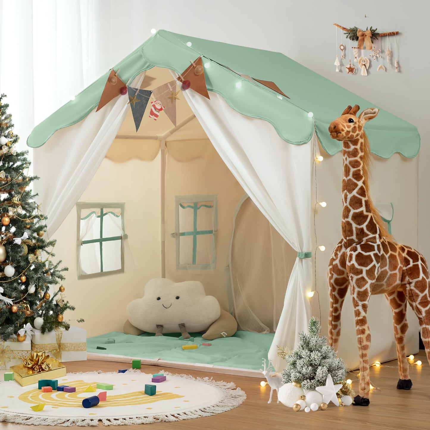 Besrey 2-in-1 kids play house tent in green with lights, doors, and a pad, designed for toddlers and children indoor play.