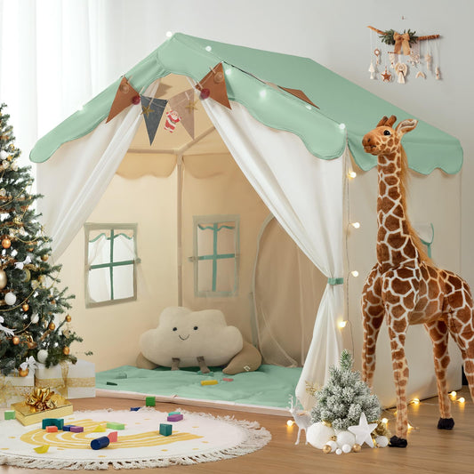Besrey 2-in-1 kids play house tent in green with lights, doors, and a pad, designed for toddlers and children indoor play.