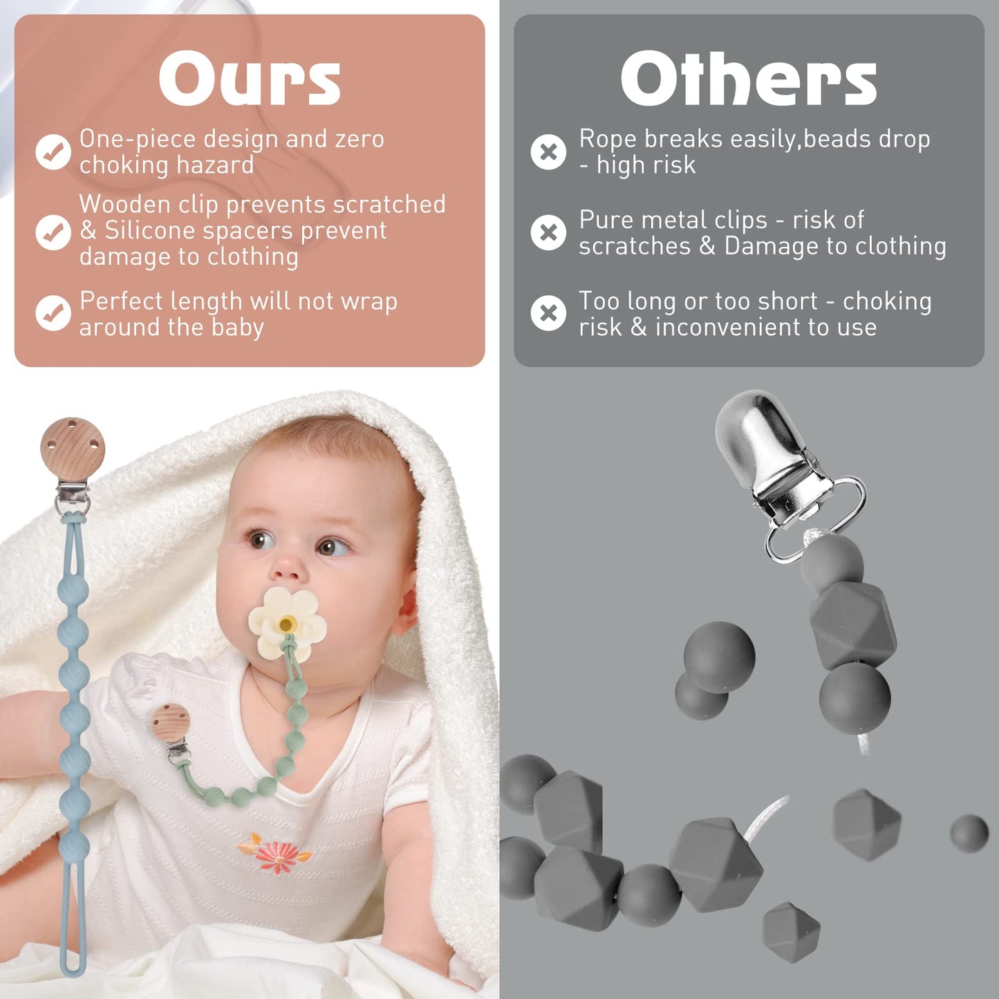 EYOGO silicone dummy clip set for babies, one-piece pacifier and teether clip with wooden accent in clay and dark grey, 2-pack.
