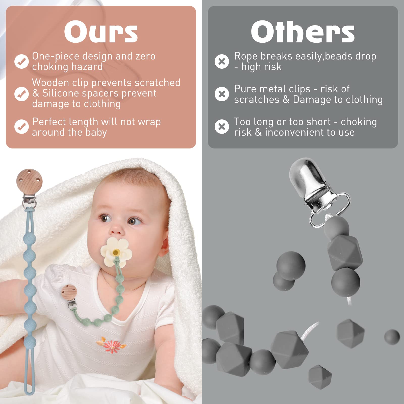 EYOGO silicone dummy clip set for babies, one-piece pacifier and teether clip with wooden accent in clay and dark grey, 2-pack.