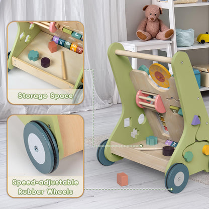 Colorful Bautia wooden baby walker with shapes, mirror, and phrases, designed for 1-2 year old boys and girls, toddler learning activity center