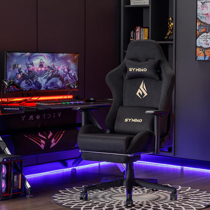 Symino gaming chair in black with adjustable height, footrest, headrest, lumbar support, and ergonomic design for comfortable gaming and work