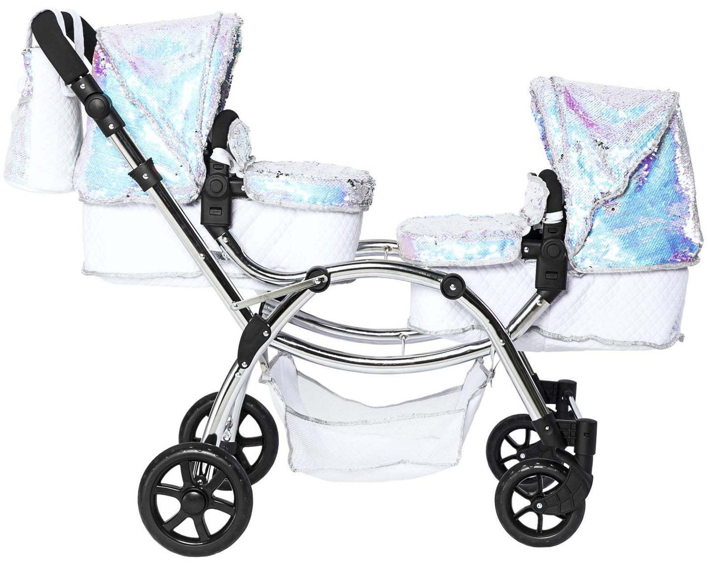 Roma Polly Dolls Pram 2-in-1 Dolls Pushchair, Double Buggy with Convertible Seat, Adjustable Handle, Foldable Canopy, Mermaid Print, Suitable for Ages 3-16, Perfect or Christmas