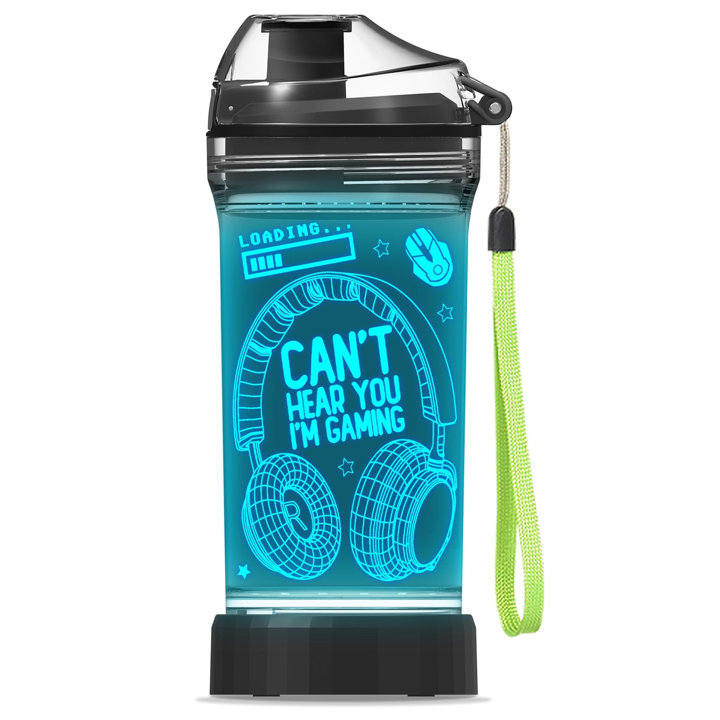 YuanDian Can't Hear You I'm Gaming Water Bottle, Headphone 7 Color Lights 3D Light up Drinking Cups Gifts for Gamers Boys, BPA Free & Leak Proof Flip Top Lid & Easy Clean & Carry Handle, 14oz/400ml