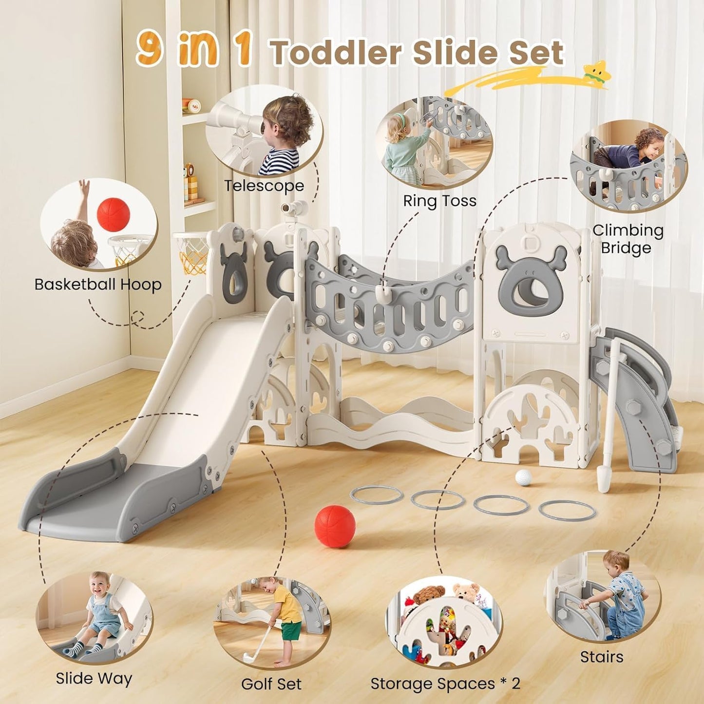 7 in 1Toddler Slide, Non-toxic HDPE material Christmas Elk Theme large slide with basketball hoop climbing frame for the garden telescope storage space educational toys For Toddlers Age 1-3 Year