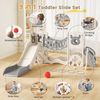 7 in 1Toddler Slide, Non-toxic HDPE material Christmas Elk Theme large slide with basketball hoop climbing frame for the garden telescope storage space educational toys For Toddlers Age 1-3 Year