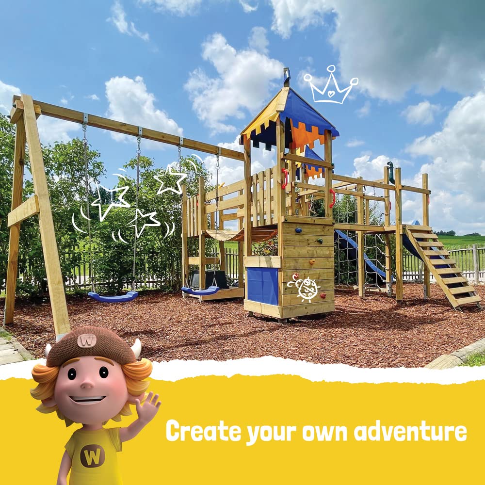 WICKEY Wooden climbing frame Smart Queen with swing set, red-yellow tarp & red slide, Outdoor kids playhouse with sandpit, climbing ladder & play-accessories for the garden