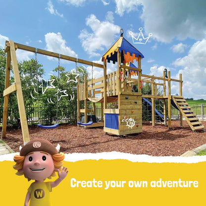WICKEY Wooden climbing frame Smart Queen with swing set, red-yellow tarp & red slide, Outdoor kids playhouse with sandpit, climbing ladder & play-accessories for the garden