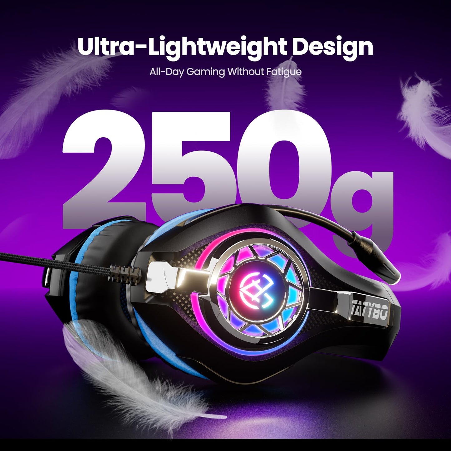 Tatybo gaming headset with noise-canceling microphone and RGB lighting, compatible with PS5, PS4, PC, Xbox, S/X Series, and Switch consoles.