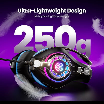Tatybo gaming headset with noise-canceling microphone and RGB lighting, compatible with PS5, PS4, PC, Xbox, S/X Series, and Switch consoles.