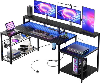 Bestier 181cm L-shaped gaming desk with RGB LED lights, monitor stand, storage shelf, cup holder, USB ports, and power outlets.