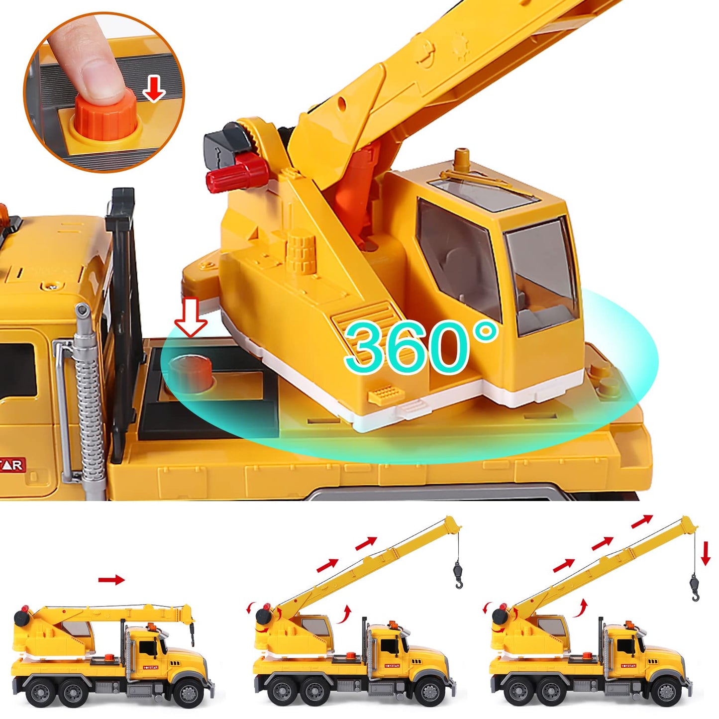 Tacobear Big Crane Truck Toys Gifts for Boys 3 4 5 6 7 8 Years 1/16 Scale Friction-Powered Vehicles Construction Wrecker Truck with Lights and Sounds Educational Boys Toy Gift for Kids Toddlers