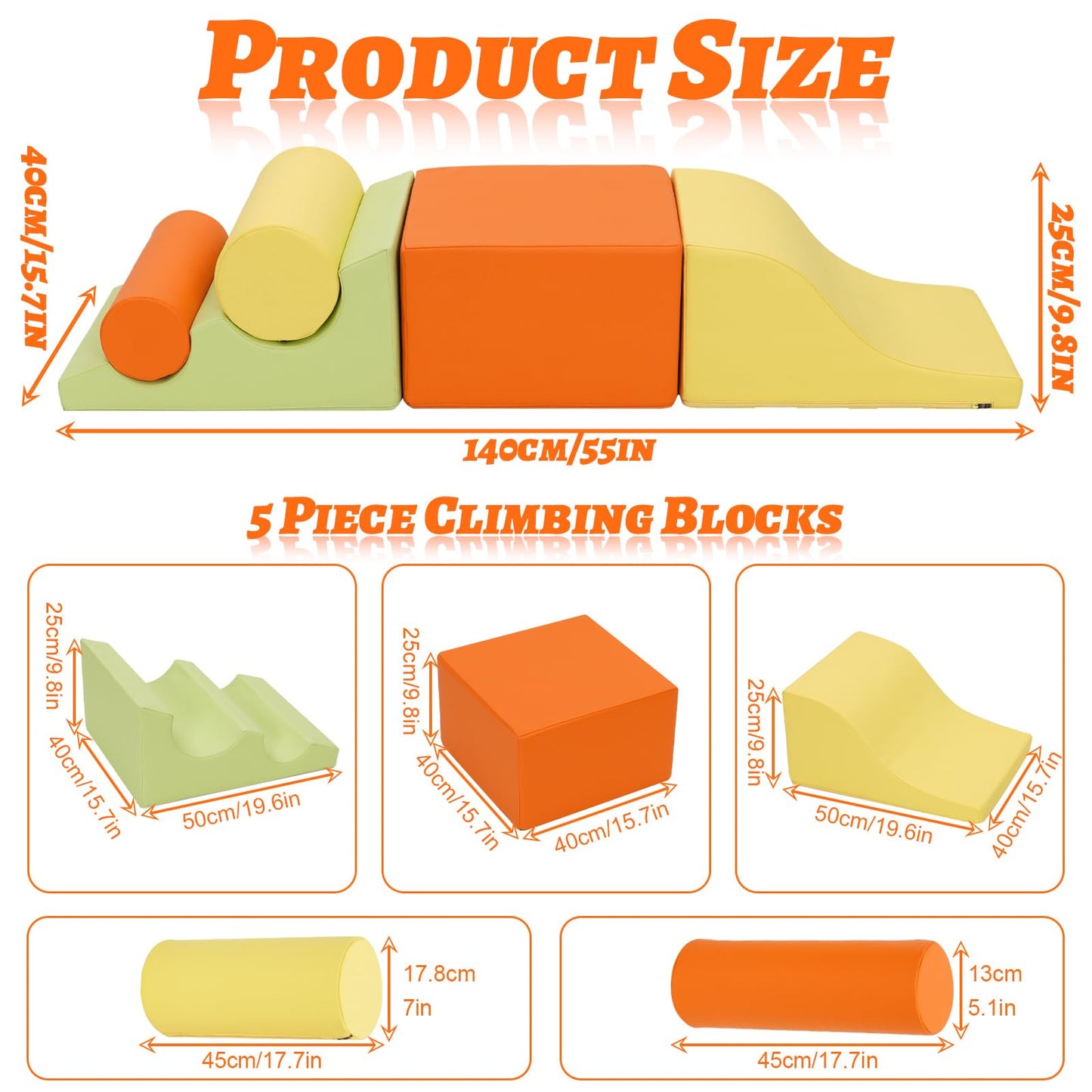 Set of 5 orange baby soft foam blocks with ramps for toddlers, indoor climbing and crawling play, sensory motor skills development.