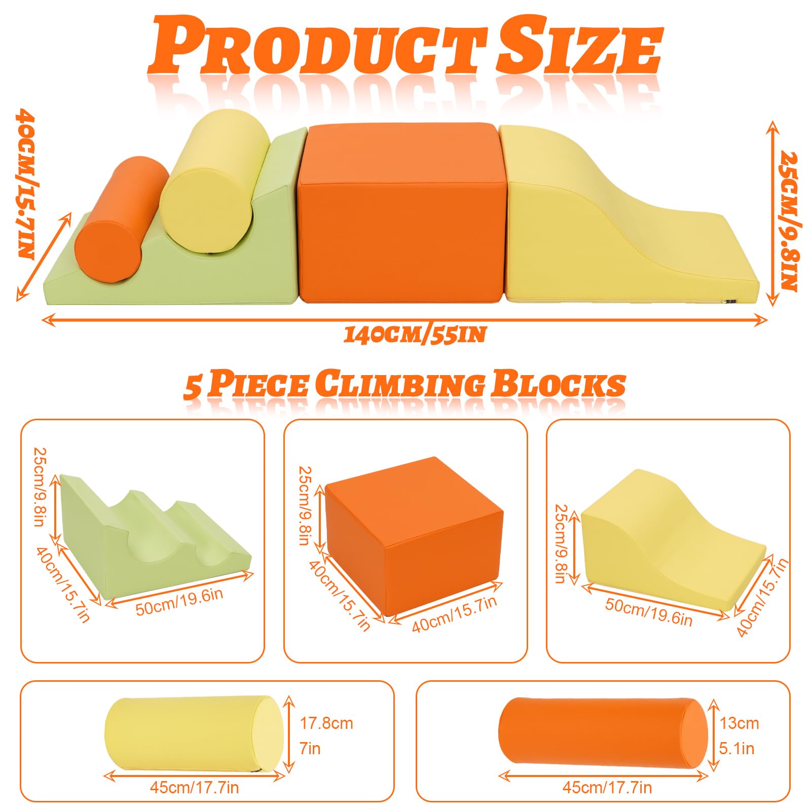 Set of 5 orange baby soft foam blocks with ramps for toddlers, indoor climbing and crawling play, sensory motor skills development.