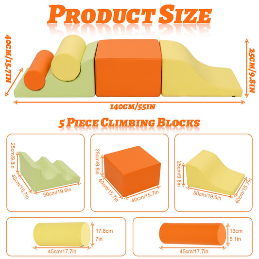 5 PCS Baby Soft Foam Blocks,Kids Lightweight Activity Frame Set with Ramp,Toddler Indoor Climb and Crawl Play Equipment for Sensory Motor Skills,Montessori Playground Toy,Gift for Girls Boys(Orange)