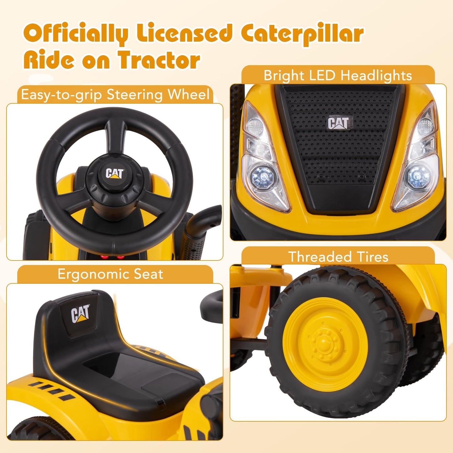 COSTWAY kids ride-on tractor with LED lights, horn, detachable trailer, rake, shovel, and foot-to-floor design for toddlers.
