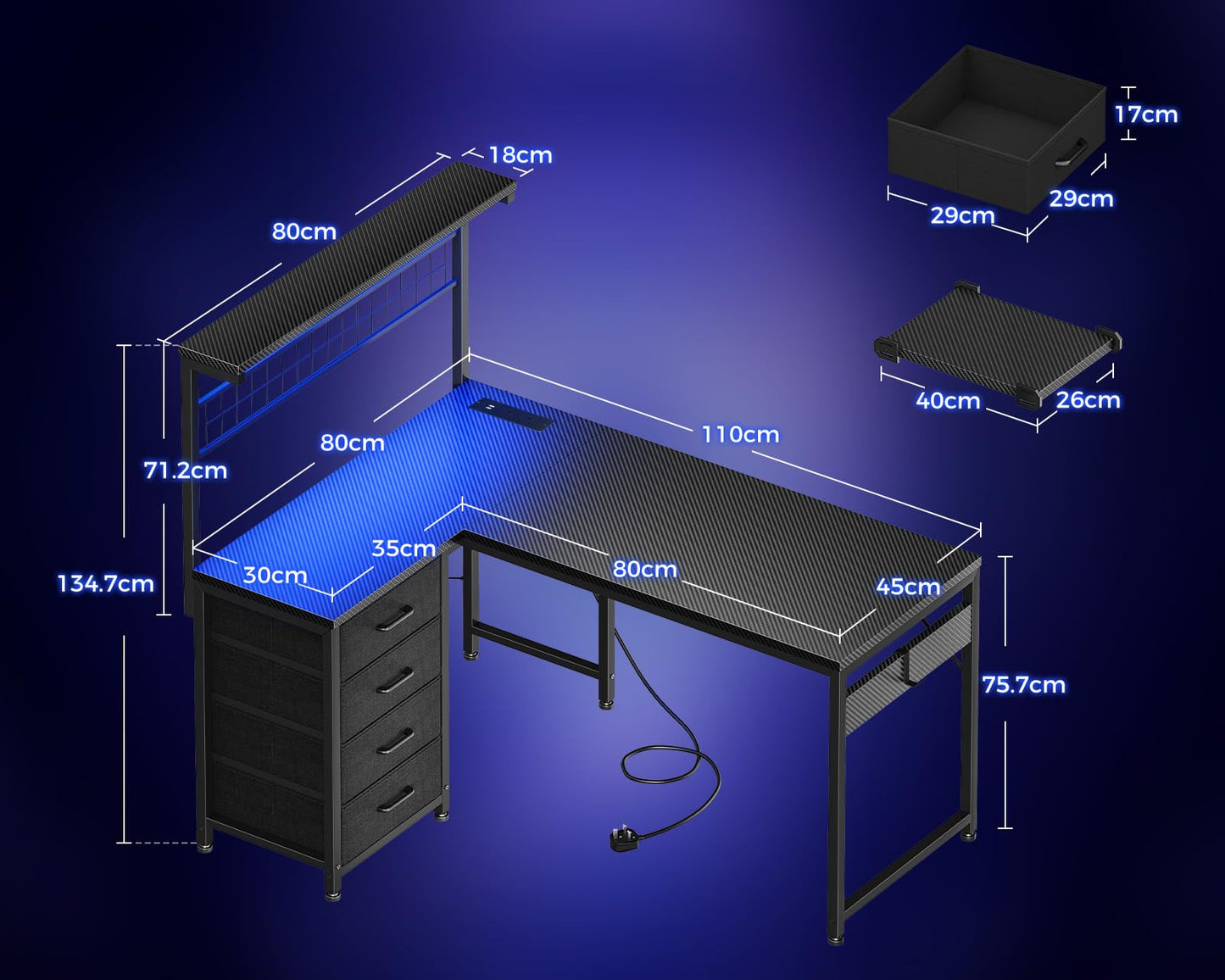 Coleshome L-shaped gaming desk in black with drawers, shelf, LED lights, power outlets, hook, and carbon fiber finish.