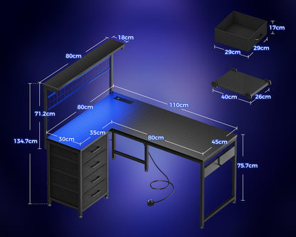 Coleshome L-shaped gaming desk in black with drawers, shelf, LED lights, power outlets, hook, and carbon fiber finish.