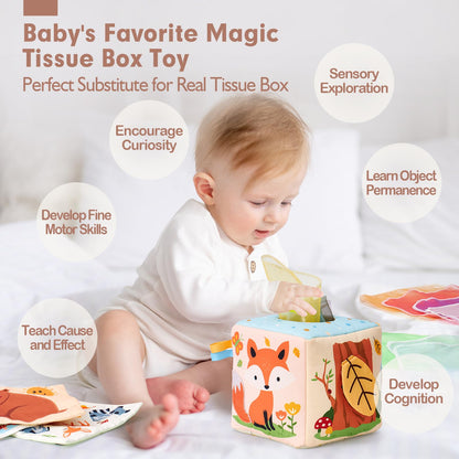 hahaland baby tissue box toy for sensory play, featuring colorful tissues and soft fabric, suitable for 6-12 months old.