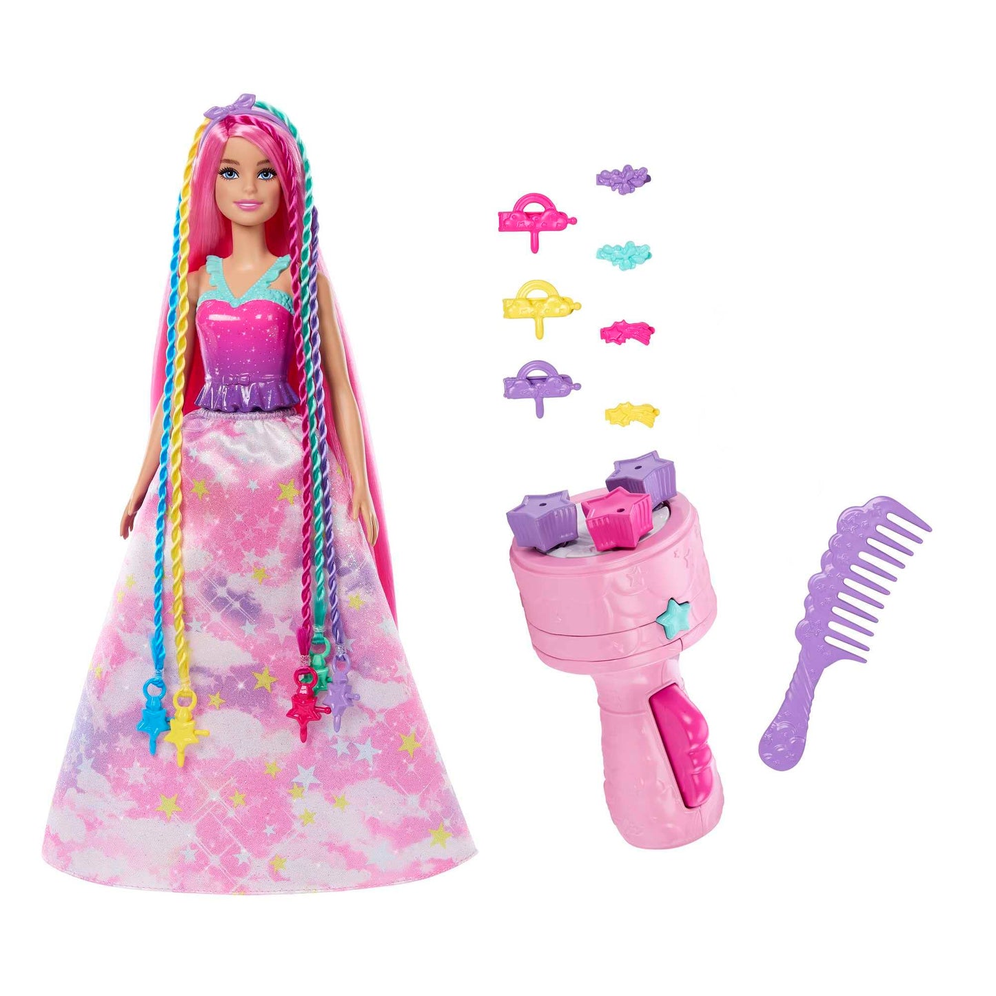 Barbie doll with fantasy hair featuring braid and twist styling, rainbow extensions, and twisting tool accessories.