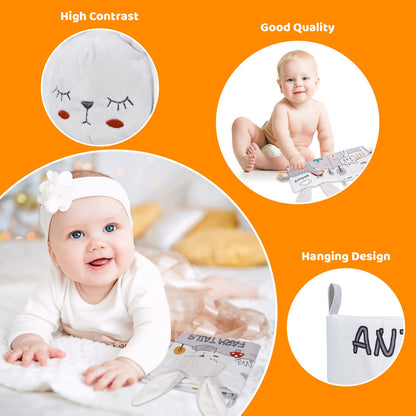 Soft crinkle cloth baby book by Firtink with high contrast pages, fabric touch textures, ideal for early sensory development for infants.