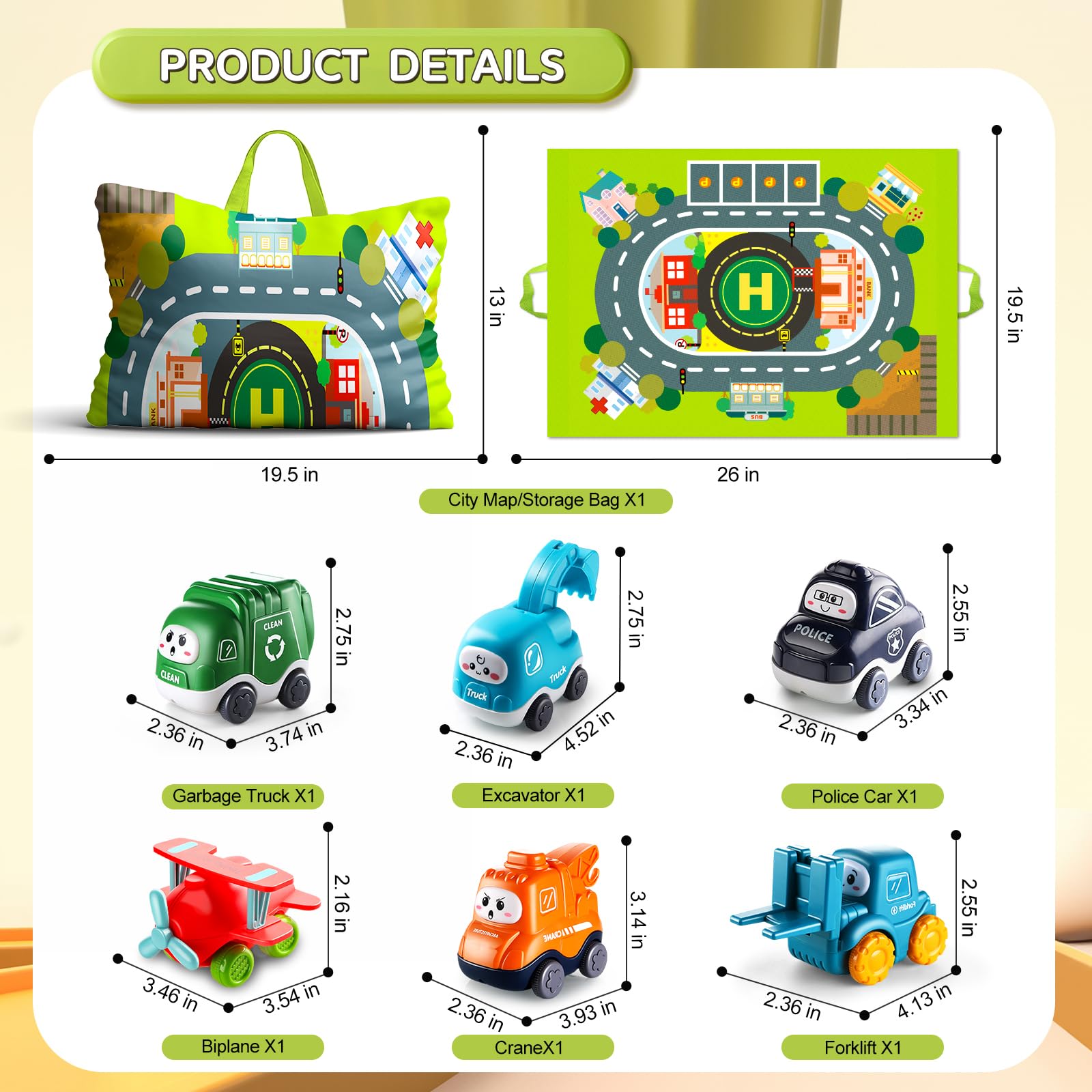 Set of 6 cartoon truck and crane toy cars by Lerrbo for toddlers, with playmat and storage bag, suitable for ages 1-3.