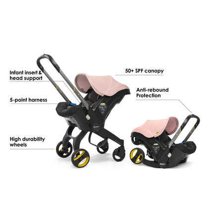 Doona+ Baby Car Seat & Travel Stroller Blush Pink - Convertible 0+ Car Seat and Pram with 5 Point Safety Harness - Ergonomic Pushchair and Travel System - ISOFIX Base Sold Separately