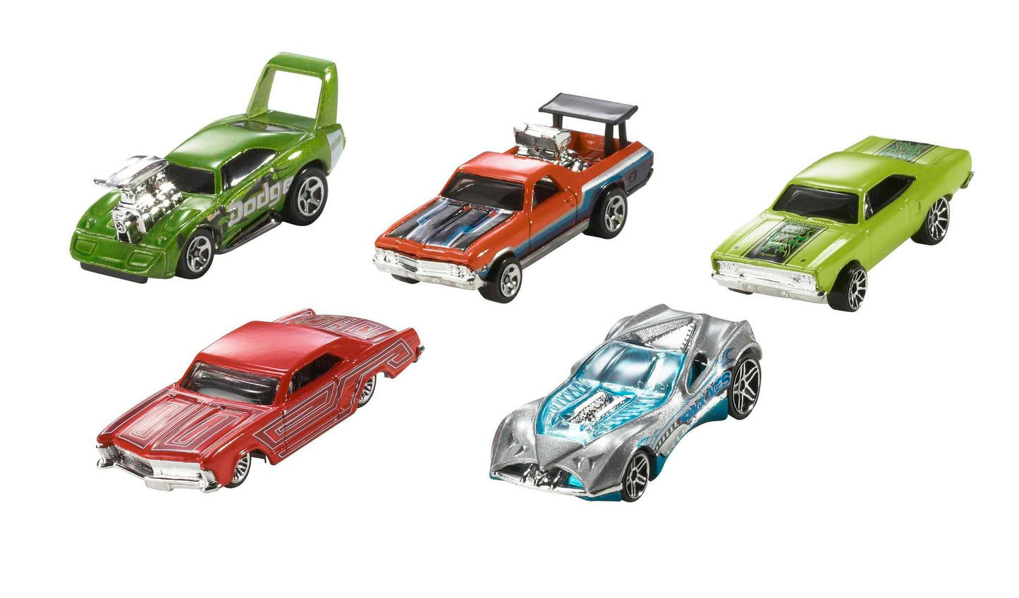 Assorted Hot Wheels toy cars and trucks in 1:64 scale, including race cars, police cars, and firetrucks, set of 10.