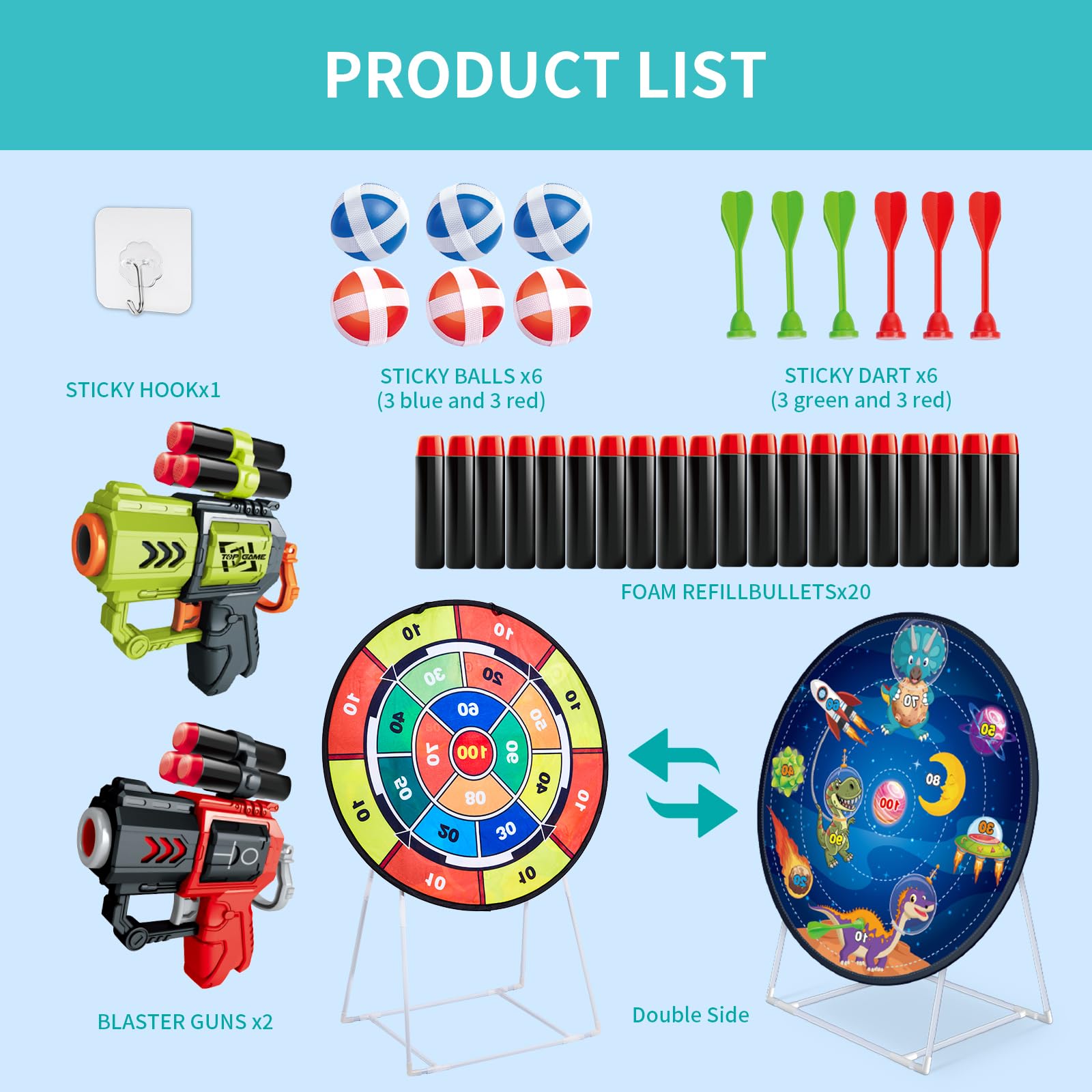 NAFONRU double-sided dart board garden game for kids, 29-inch standing and hanging dartboard with toy guns for indoor outdoor fun.