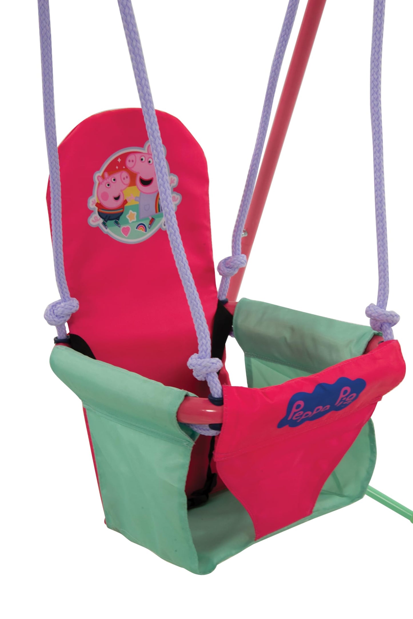 Peppa Pig fast folding baby swing set with adjustable seat and safety harness, suitable for indoor and outdoor use for toddlers 6-36 months.