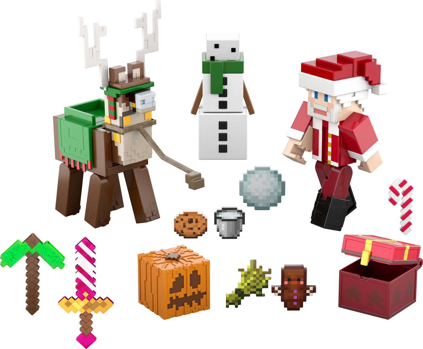 Mattel Minecraft Advent Calendar, 3 3.25-in Scale Action Figures including Santa, 17 Accessories & 4 Stickers, Pixelated Design, HXM86