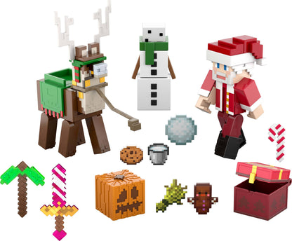 Mattel Minecraft Advent Calendar, 3 3.25-in Scale Action Figures including Santa, 17 Accessories & 4 Stickers, Pixelated Design, HXM86